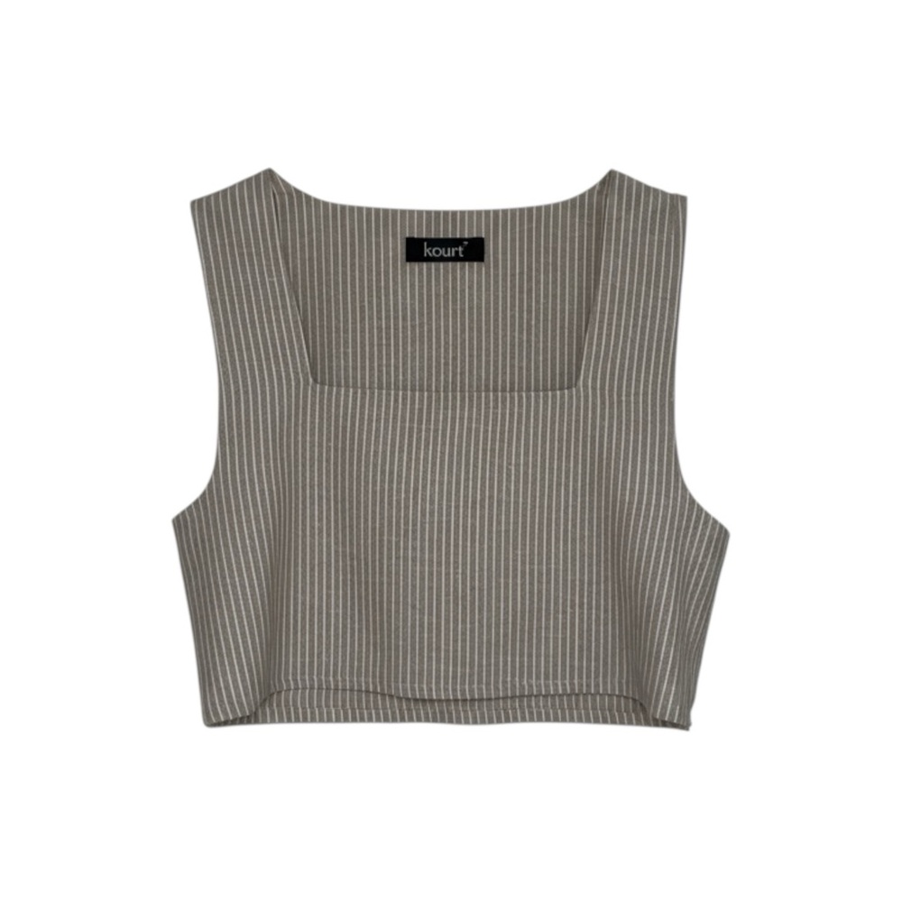 Kourt‎ Square Neck Crop Top Women’s Medium Beige White Pinstripe Cotton Blend
